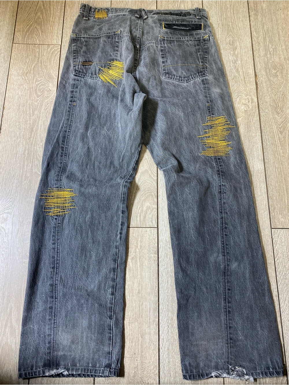 Vintage Akademiks Grey Distressed Patchwork Baggy Jeans Wide Skate Grunge Y2K